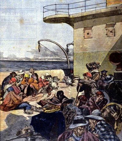olasz emigráció Kanadába; az utazás a Lake Megantic fedélzetén meglehetősen nehéz körülmények között zajlott. R. Pellegrini ill. La Domenica del corriere. 1901.02.06. alkotó: Riccardo Pellegrini
