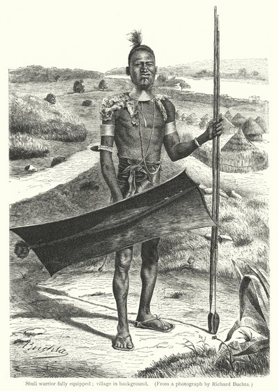 Shuli harcos teljesen felszerelt; falu a háttérben (metszet) alkotó: Richard (after) Buchta