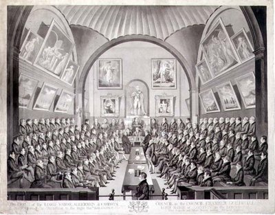 The Lord Mayor, Aldermen and Common Council in the Council Chamber Guildhall, London, Thomas Sutherland (sz. 1785) metszett, 1825-ben megjelent (litho) alkotó: Richard (after) Dighton