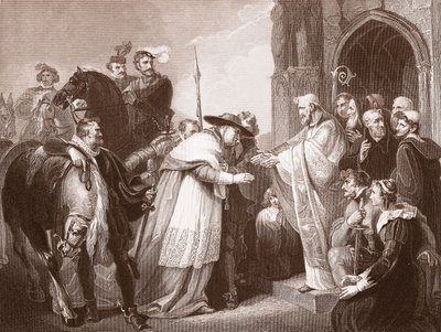 Wolsey bíboros a Leicesteri apátságban, R. Walther metszete (litho) alkotó: Richard (after) Westall