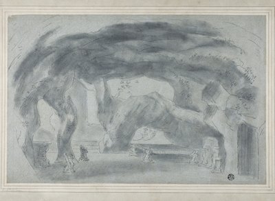 Egy barlang belseje (fekete kréta domborulattal, fehér krétával kiemelve, kék fektetett papíron, kártyára fektetve) alkotó: Richard (attr.to) Wilson