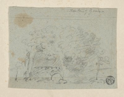 Vázlat a fákról a híd közelében (szén és grafit kék színű papíron, krémszínű szőtt papírra hegyezve) alkotó: Richard (attr.to) Wilson