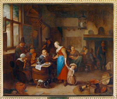 Ivók a kocsmában, csecsemő a bölcsőben - Drinkers et musiciens dans un cabaret, avec enfant au cerceau ... alkotó: Richard Brakenburg