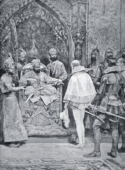 Nagy Akbar fogadja Erzsébet királynő nagykövetét 1599-ben (litho) alkotó: Richard Caton (after) Woodville