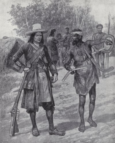 William Dampier egy bennszülött emberrel Ausztrália felfedezése során, a 17. század végén (litho) alkotó: Richard Caton II (after) Woodville