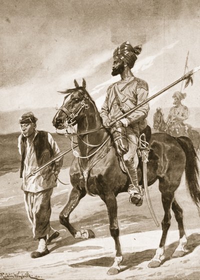 Egy bengáli lándzsa és a boxer foglya, illusztráció a „Battles of the Nineteenth Century: Vol. VII, Az 1900-1901-es kínai háború”, Archibald Forbes, G.A. Henty és Arthur Griffiths őrnagy alkotó: Richard Caton Woodville