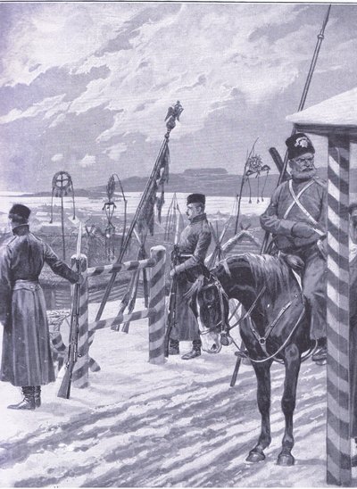 Kozák állomás Mandzsúriában törzsi táblákkal a férfikunyhók felett, illusztráció a Cassells History of the Orosz-Japán háború 1. kötetéből, 1900 körül alkotó: Richard Caton Woodville