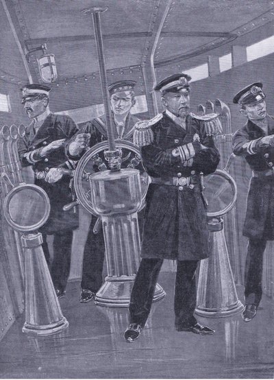 Togo admirális zászlóshajója Conning-tornyában, haditengerészeti akciót irányít, illusztráció a Cassells History of the Orosz-Japán háború 1. kötetéből, 1900 körül. alkotó: Richard Caton Woodville