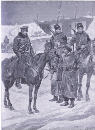 Kuliként felfedezett japán kémek letartóztatása, illusztráció: Cassells Az orosz-japán háború története, 1. kötet, 1900 körül alkotó: Richard Caton Woodville