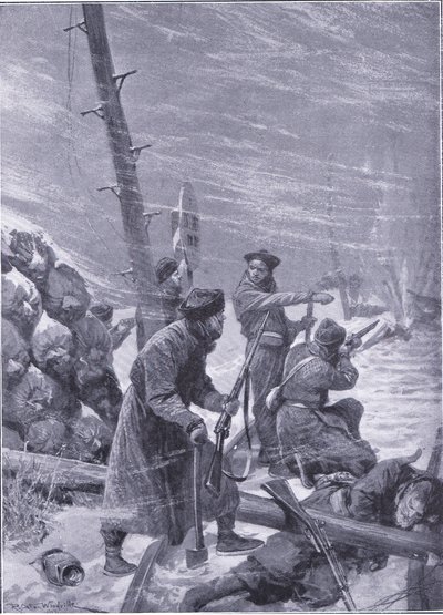 Attack on the railway by Chunchuses, illustration fromCassells History of the Russo-Japanese War Vol 1, c.1900 alkotó: Richard Caton Woodville