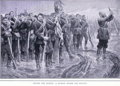 A csata előtt: Orosz ima a sikerért, illusztráció a Cassells History of the Russo-Japanese War 1. kötetből, 1900 körül alkotó: Richard Caton Woodville