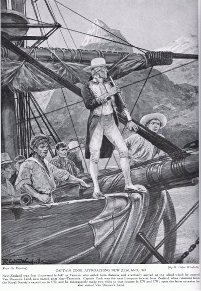 Cook kapitány közeledik Új-Zélandhoz, illusztráció a „Hutchinson története a brit nemzetről”, 1923 körül alkotó: Richard Caton Woodville