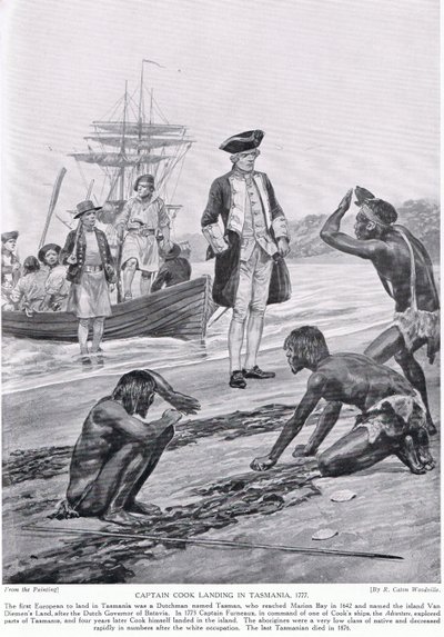 Cook kapitány partraszállás Tasmániában, 1777, illusztráció a 