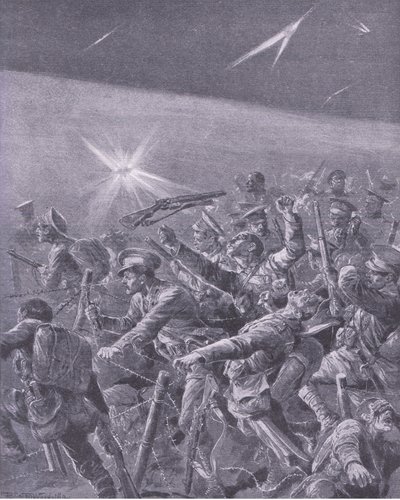 Szögesdrót-összegabalyodásba estek: brit gyalogság éjszakai támadása, a History of the Great War 3. kötetéből, amelyet a Waverley Book Co Limited adott ki, 1920 körül alkotó: Richard Caton Woodville