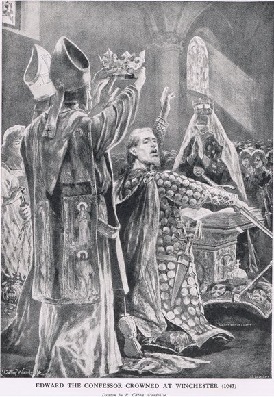 1043-ban Winchesterben koronázták meg a gyóntató Edwardot a Hutchinson története a brit nemzetről című művéből, 1920 körül alkotó: Richard Caton Woodville