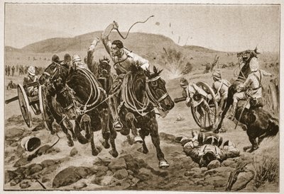 A tábori tüzérség akcióba lép, illusztráció a „Tizenegyedik századi csaták” című kötetből. VI: Az 1899-1900 közötti búr háború, Archibald Forbes, G.A. Henty és Arthur Griffiths őrnagy alkotó: Richard Caton Woodville