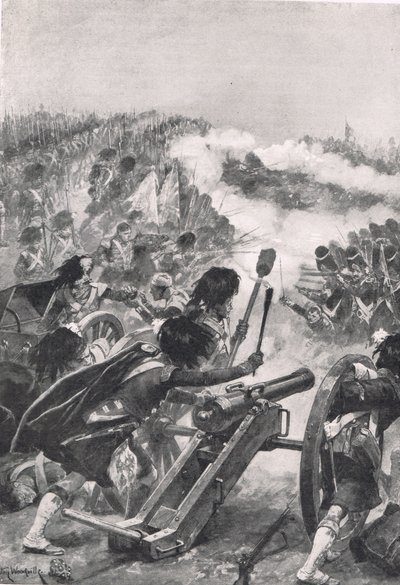 A hegyvidékiek az elfogott francia ágyúkat a Brenniers zászlóaljak ellen fordítják, illusztráció a „British Battles on Land and Sea” című könyvből, kiadó: Cassell, London, 1910 körül alkotó: Richard Caton Woodville