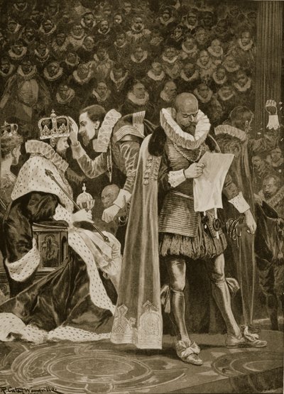 A Homage, a Largesse és a General Pardon I. Jakab és Anne dán koronázásán, 1603. július 25-én, a „The Illustrated London News”-ból, 1902 alkotó: Richard Caton Woodville