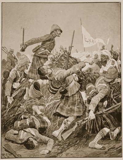 A Seaforth Highlanders megrohamozza a zarebát az atbarai csatában, illusztráció a "Battles of the Nineteenth Century" V. kötetéből: Campaigns of the Nineties, írta A. Hilliard Atteridge. alkotó: Richard Caton Woodville