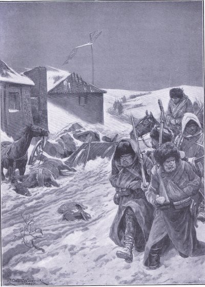 A végtelen menetelés kelet felé: Ismerős látvány az úton, illusztráció a Cassells History of the Russo-Japanese War 1. kötetből, 1900 körül alkotó: Richard Caton Woodville
