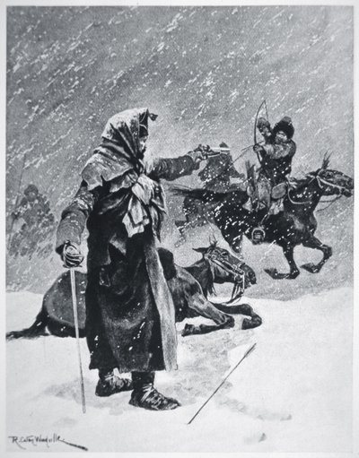 Török-baskír kozák íjászok zaklatták és üldözték Napóleon hadseregének visszavonulását Oroszországból 1812-ben (színes litho) alkotó: Richard Caton Woodville
