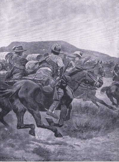Yeomanry megtámadja De Wets utóvédét és szállítóját, az After Pretoria: The Guerilla War című filmből, amelyet a Harmsworth Bros Limited adott ki, 1901 alkotó: Richard Caton Woodville