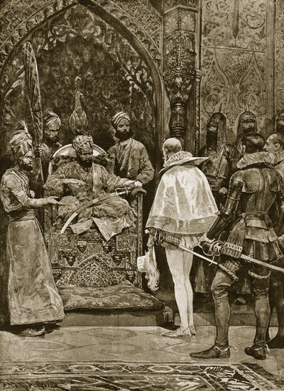 Egy korai angol nagykövetség Indiában, 1599, illusztráció a Hutchinson történetéből a brit nemzetről, 1923 körül alkotó: Richard Caton Woodville junior