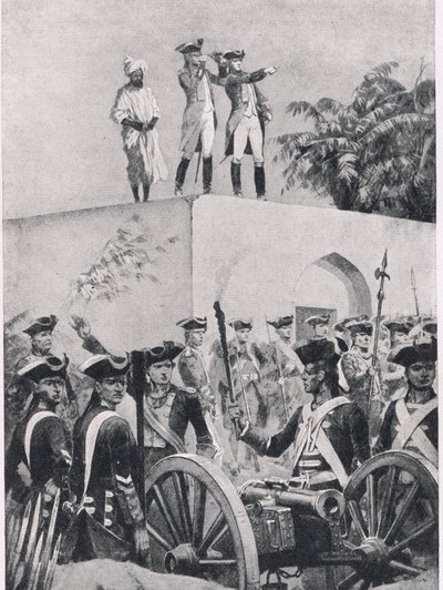 Plassey-i csata, 1757. június 23.: Clive a Nawab Surat-ud-Daulah vadászkastély tetején, illusztráció a brit szárazföldi és tengeri csatákból, 1915 alkotó: Richard Caton Woodville junior