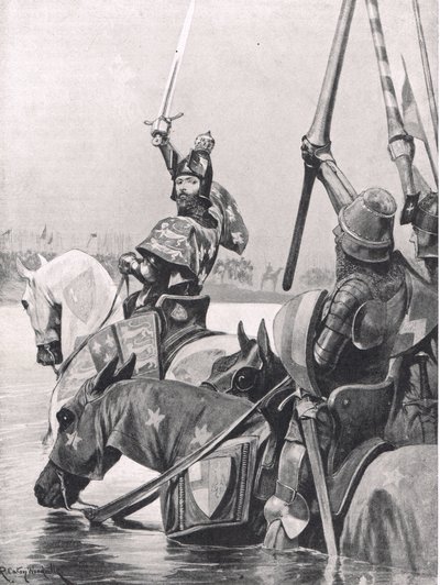 III. Edward átkel a Somme-on a crecyi csata előtt, illusztráció a „British Battles on szárazföldön és tengeren” című könyvből, kiadó: Cassell, London, 1910 körül alkotó: Richard Caton Woodville junior