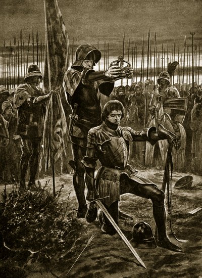 VII. Henriket Bosworth-ban koronázták meg, illusztráció a „Hutchinson története a brit nemzetről”, 1923 körül alkotó: Richard Caton Woodville junior