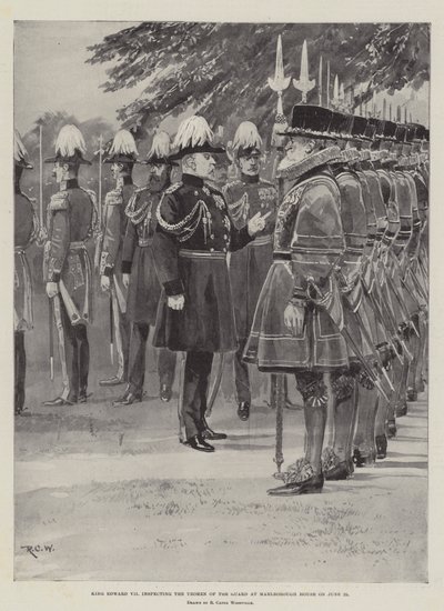 VII. Edward király június 25-én a Marlborough House-ban vizsgálja meg az Őrség Yeomenjét alkotó: Richard Caton Woodville junior