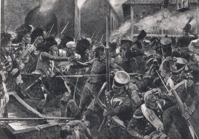 A 42. felföldi lovasok kiszorítják a franciákat Elvinából, illusztráció a "British Battles on Land and Sea" című könyvből, kiadta a Cassell, London, 1910 körül. alkotó: Richard Caton Woodville junior