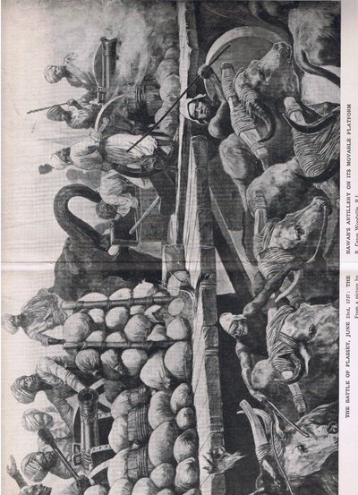 Plassey-i csata 1757. június 23.: A Nawabs tüzérsége mozgatható platformján, illusztráció a brit szárazföldi és tengeri csatákból, 1915 alkotó: Richard Caton Woodville junior