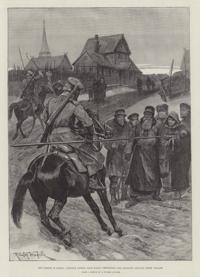 Az oroszországi éhínség, kozák őrjárat Kazan mellett, amely megakadályozza a parasztok falujuk elhagyását alkotó: Richard Caton Woodville junior
