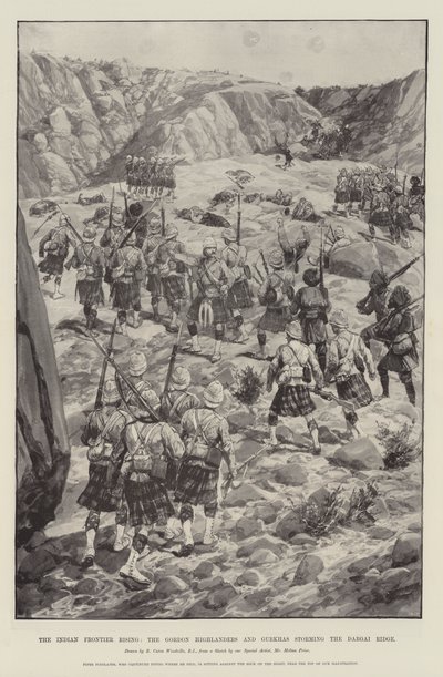 Az indiai határ felemelkedése, a gordoni hegyvidékiek és a gurkhák megrohamozzák a Dargai-gerincet alkotó: Richard Caton Woodville junior