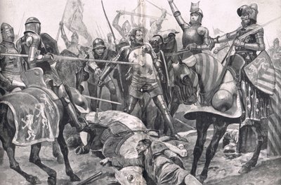 II. János Franciaország utolsó állása a poitiers-i csatában, illusztráció a „British Battles on szárazföldön és tengeren”, kiadó: Cassell, London, 1910 körül alkotó: Richard Caton Woodville junior