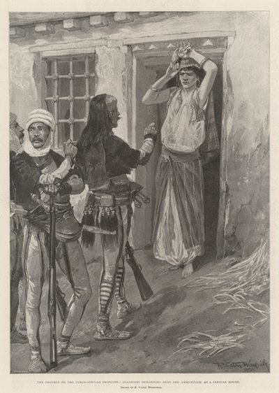 Baj a török-szerv határon, az albánok fegyvert és lőszert követelnek egy szervi házban alkotó: Richard Caton Woodville junior