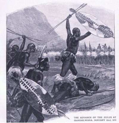 A zuluk előretörése Isandhlwanában 1879. január 22., illusztráció a brit szárazföldi és tengeri csatákból, 1915 alkotó: Richard Caton Woodville junior