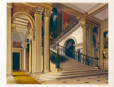 Lépcsőház, Buckingham House, a "The History of the Royal Residences"-ből, vésette William James Bennett (1787-1844), William Henry Pyne (1769-1843), 1819 alkotó: Richard Cattermole