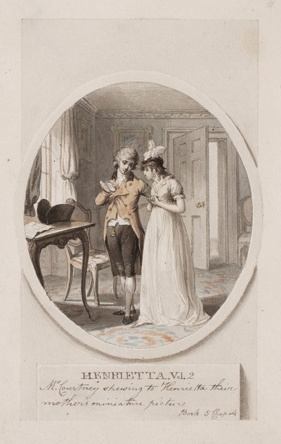 Courtney úr bemutatja Henriettának az anyjuk miniatűr képét, 5. könyv 4. fejezet, illusztráció Charlotte Lennox „Henrietta” 1798-as kiadásához, 1798 körül (ceruza és WC papíron) alkotó: Richard Corbould