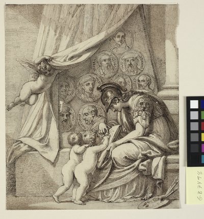 A festészet zsenije. Minerva puttit tanít a festészet művészetére. Tervezés Pierre Condé rézkarcához, Memorial to Robert Udney Esq. alkotó: Richard Cosway