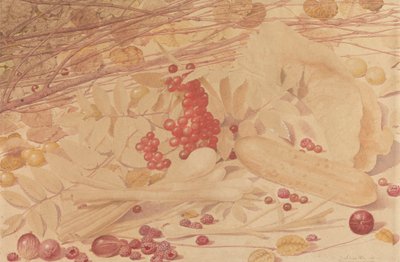 Csendélet egressel, málnával, ribizlivel, újhagymával, uborkával és lombozattal alkotó: Richard Dadd
