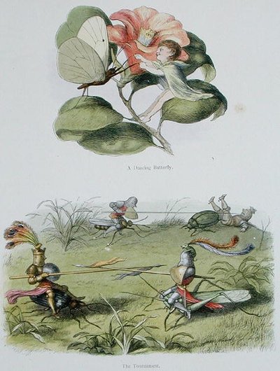 Egy táncoló pillangó és A torna, illusztrációk William Allingham és Andrew Lang „Tündérországban: Képek sorozata az elf-világból” című művéből (színes litó) alkotó: Richard Doyle