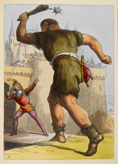 Jack készen áll a harcra egy óriással a kastélyon kívül. Színes illusztráció gyermekkönyvben. alkotó: Richard Doyle