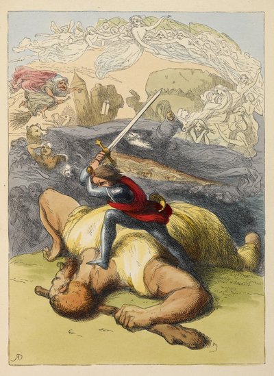 Jack egy óriás testén áll, felemelt karddal. Színes illusztráció gyermekkönyvben. alkotó: Richard Doyle