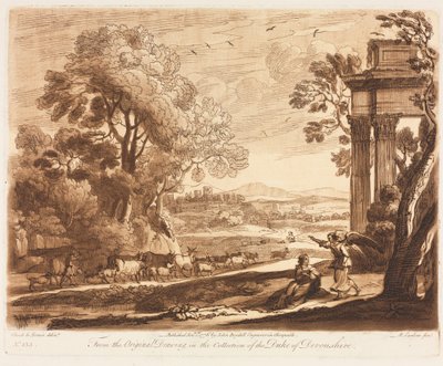 Liber Veritatis: 133. sz., Táj, szarvasmarhákkal és Hágart vigasztaló angyallal, 1776. alkotó: Richard Earlom