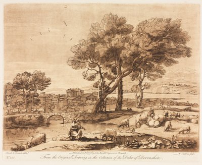 Liber Veritatis: 135. sz., Tájkép, épületekkel, a Mercury ellopja Admetuss marháját..., 1776. alkotó: Richard Earlom