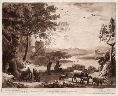 Liber Veritatis: 42. szám, Folyói táj pásztorral és pásztorlánnyal..., 1774. alkotó: Richard Earlom