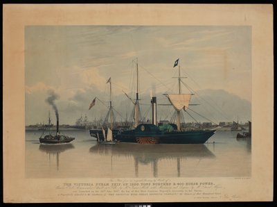 Ez a lemez, Ward eredeti festményéről, a Victoria gőzhajóról, 1200 tonna teherbírású és 400 lóerős... 1837. június 20-án indult útjára... (aquatinta, színes, karton). alkotó: Richard G. Reeve