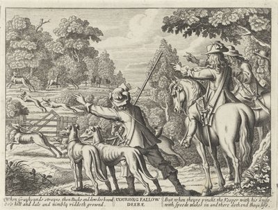 Herten nagejaagd door jachthonden Coursing Fallow Deere (cím az objektumon) Jachtpartijen (sorozat címe) A vadászat, a hawking és a horgászat többféle módja angolul (sorozat címe) alkotó: Richard Gaywood (possibly)